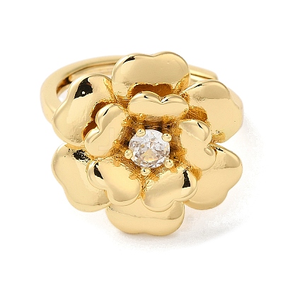 Rack Plating Flower Brass Micro Pave Clear Cubic Zirconia Adjustable Rings RJEW-S413-02G-1