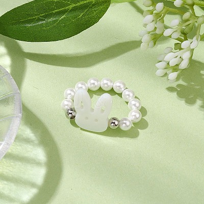 Round Shell Pearl & Brass Beads Stretch Rings RJEW-JR00689-02-1