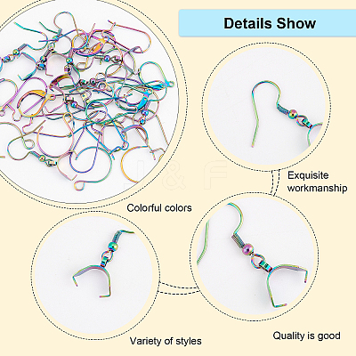 64Pcs 4 Style Rainbow Color 304 Stainless Steel Earring Hooks & Leverback & Hoop Earring Findings STAS-DC0010-34-1