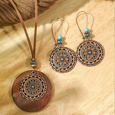 Bohemian Alloy & Wood Pendant Necklaces & Dangle Earrings Sets WG08C2E-01-1