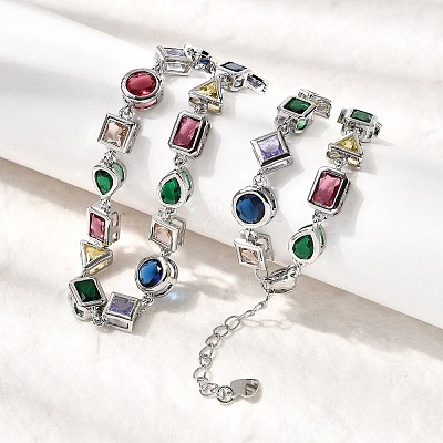 Brass Pave Colorful Cubic Zirconia Geometric Link Chain Necklaces NJEW-P337-01P-1