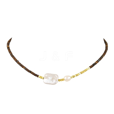 Rectangle Natural Baroque Keshi Pearl and Faceted Round Natural Mixed Stone Beaded Necklaces for Women NJEW-JN06682-1