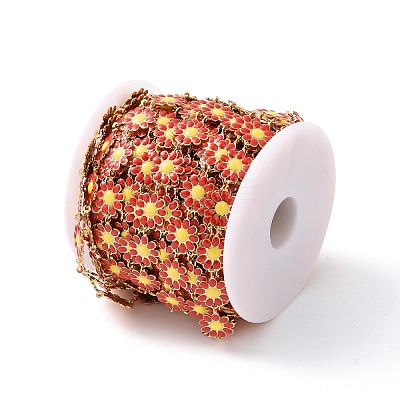 Ion Plating(IP) 304 Stainless Steel Daisy Flower Link Chains with Enamel AJEW-J035-03G-11-1