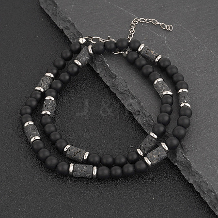 Natural Black Onyx(Dyed & Heated) Round and Lava Rock Column Beaded Necklaces for Men LS-AD4538-1-1