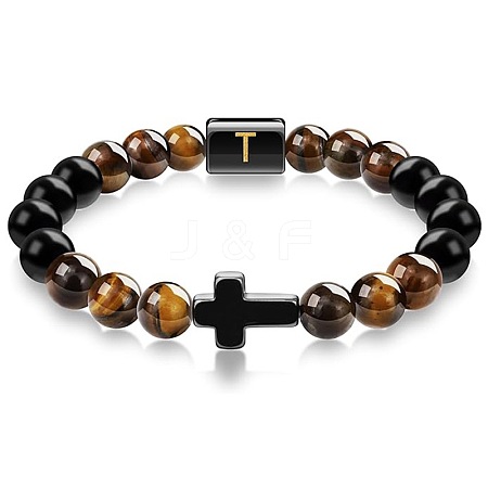 8MM Natural Tiger Eye and Matte Black Obsidian Round Beaded Stretch Bracelets SL9862-20-1