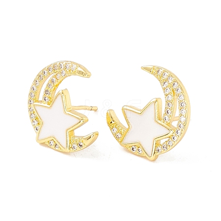 Clear Cubic Zirconia Moon and Star Stud Earrings with Enamel EJEW-I266-10G-1