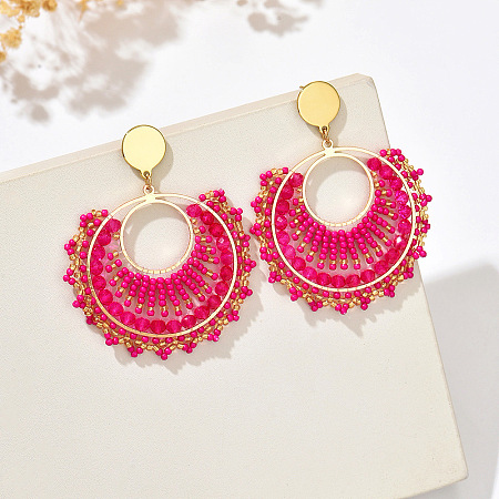 Flat Round 304 Stainless Steel Glass Seed Beads Dangle Stud Earrings FS-WG93AED-01-1