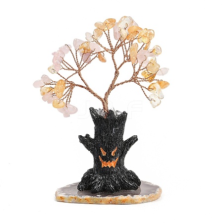 Halloween Theme Natural Rose Quartz and Yellow Quartz Chips Tree of Life Decorations DJEW-B013-02B-1