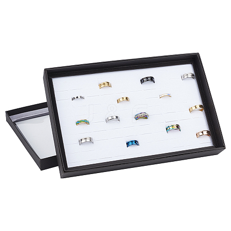100-Slot Rectangle Black Paper Ring Presentation Boxes with Clear Lid RDIS-WH0006-29B-1