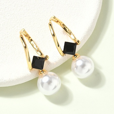 Round Brass Glass Leverback Earrings EJEW-Z152-04G-1