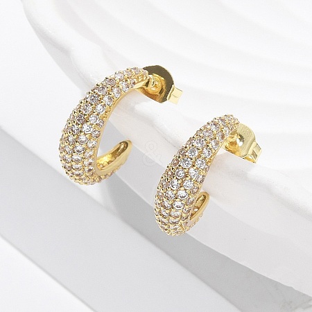 C-Shaped Brass Micro Pave Clear Cubic Zirconia Stud Earrings EJEW-M077-09G-1