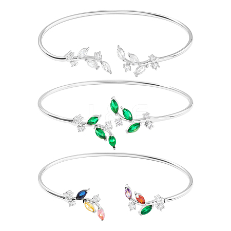 3Pcs 3 Colors Elegant Brass Cubic Zirconia Leaf Cuff Bangles for Women BJEW-GO0003-01P-1