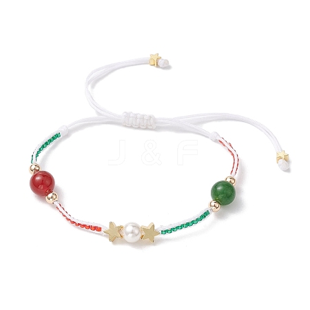 Christmas 8mm Round Dyed Natural Malaysia Jade & Natural Carnelian & Glass Seed Beads Braided Bead Bracelets BJEW-MZ00070-02-1