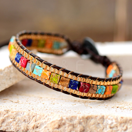Dyed Natural Imperial Jasper & Cowhide Leather Beaded Braided Bead Bracelets FS-WGEDC06-02-1