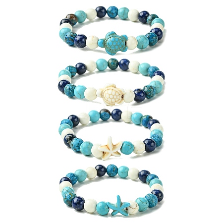 Summer Beach Turtle/Starfish Dyed Synthetic Turquoise Bracelets BJEW-JB10896-1