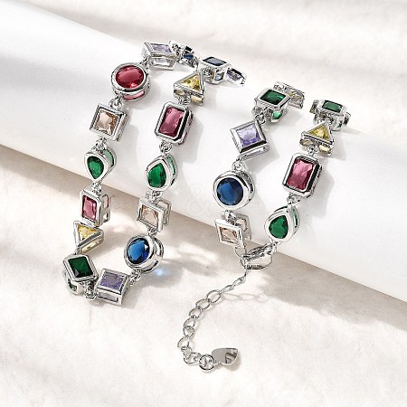 Brass Pave Colorful Cubic Zirconia Geometric Link Chain Necklaces NJEW-P337-01P-1