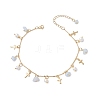 Natural Aquamarine Chip & Round Shell Pearl Cross Tassel Anklets AJEW-AN00716-01-2