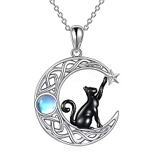 Black Cat Moonstone Necklace Black Cat on the Moon Pendant Necklace Cute Lucky Cat Necklace Jewelry Gifts for Women Cat Lovers JN1112A