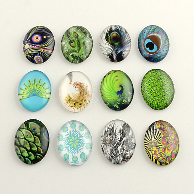 Feather Pattern Glass Flatback Oval Cabochons GGLA-R022-25x18-24-1