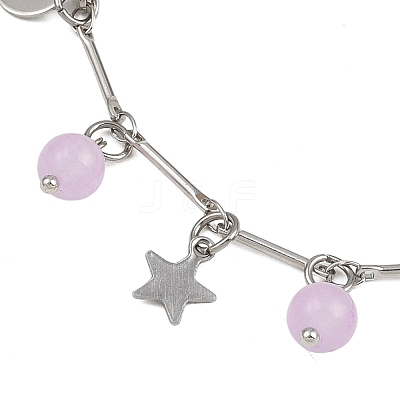 201 Stainless Steel Moon Star & Natural Dyed Malaysia Jade Round Charm Brass Bar Link Chain Anklets AJEW-AN00732-01-1