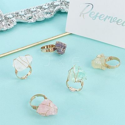 5Pcs 5 Styles Natural Yellow Quartz & Fluorite & Rose Quartz & Amethyst & Quartz Crystal Adjustable Finger Rings RJEW-FG0001-02-1