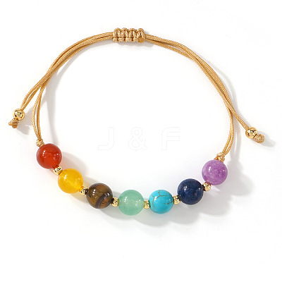 Chakra Natural Tiger Eye & Lapis Lazuli & Carnelian & Amethyst & Citrine & Green Aventurine & Synthetic Turquoise Round Beads Braided Bead Bracelets for Women WD1381-1
