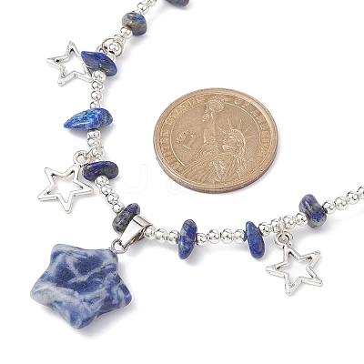 Natural Blue Spot Jasper & Alloy Star Charms Bib Necklace with Chips Beaded Chains NJEW-JN04512-01-1