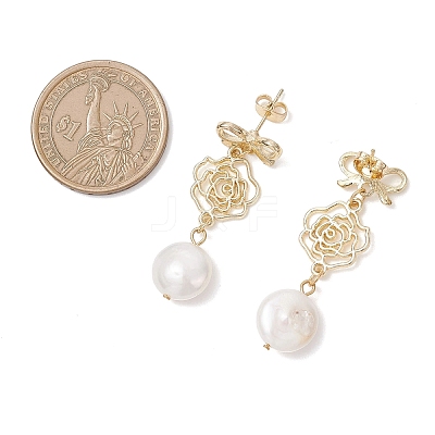 Natural Keshi Pearl Flower with Bowknot Dangle Stud Earrings EJEW-JE06726-1
