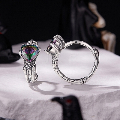 Halloween Heart 925 Sterling Silver Cubic Zirconia Hoop Earrings EJEW-P327-02AS-1