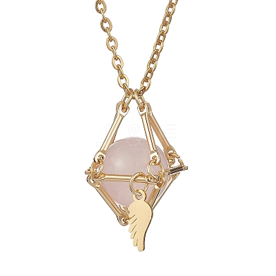 Brass Macrame Pouch Natural Rose Quartz Inside & 304 Stainless Steel Pendant Necklaces for Women NJEW-JN05607-02-1