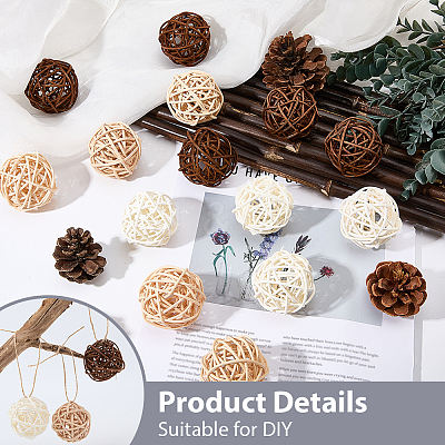 15Pcs 3 Colors Wicker Rattan Balls AJEW-SC0004-25C-1