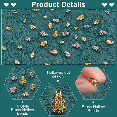 48Pcs 6 Styles Brass Hollow Spacer Beads KK-PH0006-25-1