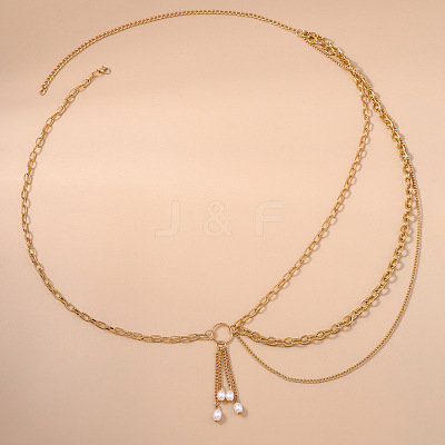 Alloy Cable Chain with Plastic Pearl Oval Bead Tassel Waist Belly Chains for Women FS-WG1E790-01-1