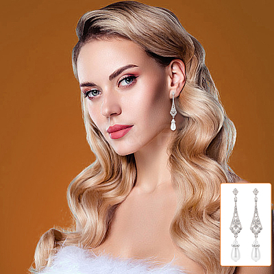 2 Pairs 2 Colors Plastic Pearl Dangle Stud Earrings with Rhinestone EJEW-AN0004-19-1
