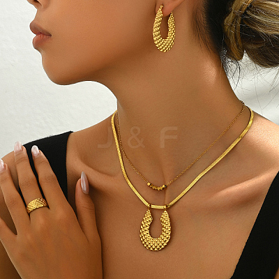 Stainless Steel Horseshoe Hoop Earrings & Double-layer Necklaces & Cuff Ring Sets for Women CJ2846-1