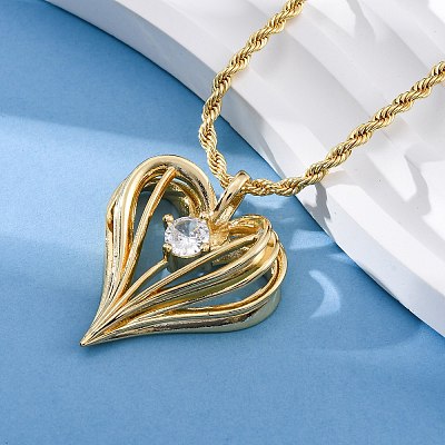 Brass Pave Clear Cubic Zirconia Heart Pendant Necklaces for Women NJEW-K381-07C-G-1