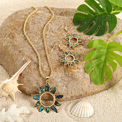 Alloy & Natural Abalone/Paua Shell Pendant Necklaces & Dangle Earrings Sets WGD5CF5-01-1
