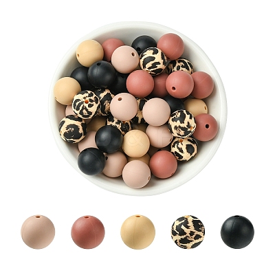 50Pcs 5 Styles Round Silicone Focal Beads SIL-YW0001-34A-1