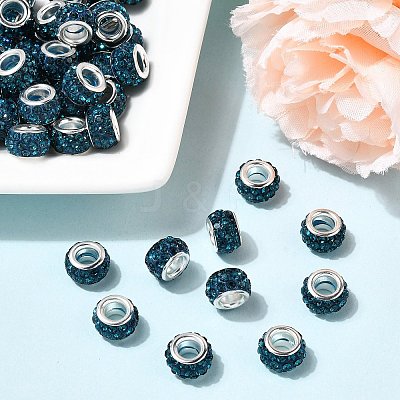Polymer Clay Rhinestone European Large Hole Beads with Silver Color Plated Brass Cores FPDL-R002-04-1