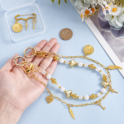 1Pc Acrylic Round Beaded & Brass Feather Cross Tassel Bag Decorative Chains and 1Pc Alloy Brooch HJEW-GA00055-1