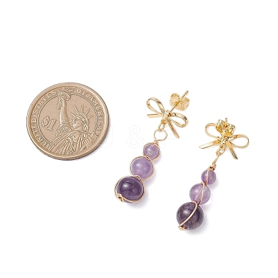 Natural Amethyst Bowknot with Round Dangle Stud Earrings EJEW-JE06780-02-1