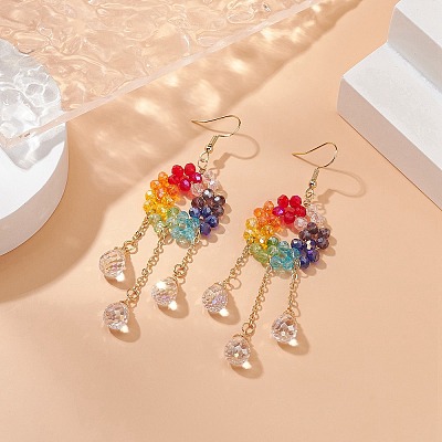 Glass Beaded Ring with Teardrop Dangle Earrings EJEW-JE05262-1