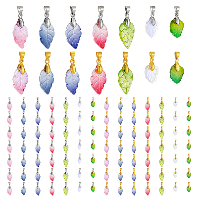 112Pcs 14 Styles Baking Paint Glass Leaf Shape Pendants PALLOY-PH01921-1