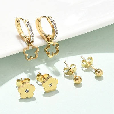 304 Stainless Steel Rhinestone Flower & Round Earring Sets EJEW-Z098-12G-1