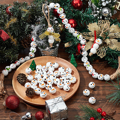 60Pcs 6 Styles Round Christmas Snowman Print Wood European Beads WOOD-PH0003-05-1