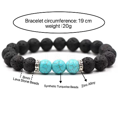 8MM Round Synthetic Turquoise and Natural Lava Rock Beaded Stretch Bracelets for Couples BW4110-3-1