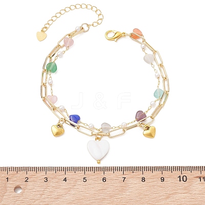 Brass Paperclip Chain & Cat Eye Heart & Plastic Pearl Beaded Chain Double Layers Bracelets for Women BJEW-JB13567-1