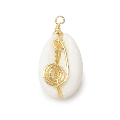 2Pcs 2 Colors Natuarl Cowrie Shell Vortex Copper wire Warpped Pendants PALLOY-JF03319-1
