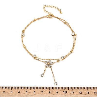 304 Stainless Steel Pave Clear Cubic Zirconia & Crystal Rhinestone Double Layer Flower Charm Anklets for Women AJEW-G069-02G-1