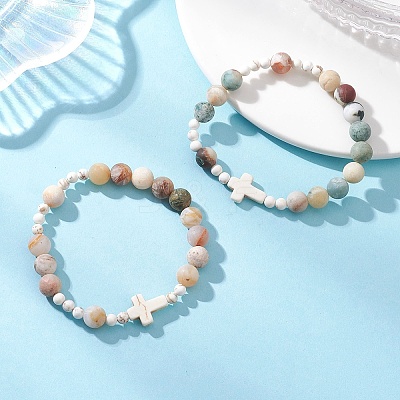 2Pcs Natural Bamboo Leaf Agate & Tree Agate & Magnesite & Synthetic Turquoise Stretch Bracelets for Women BJEW-JB12815-1